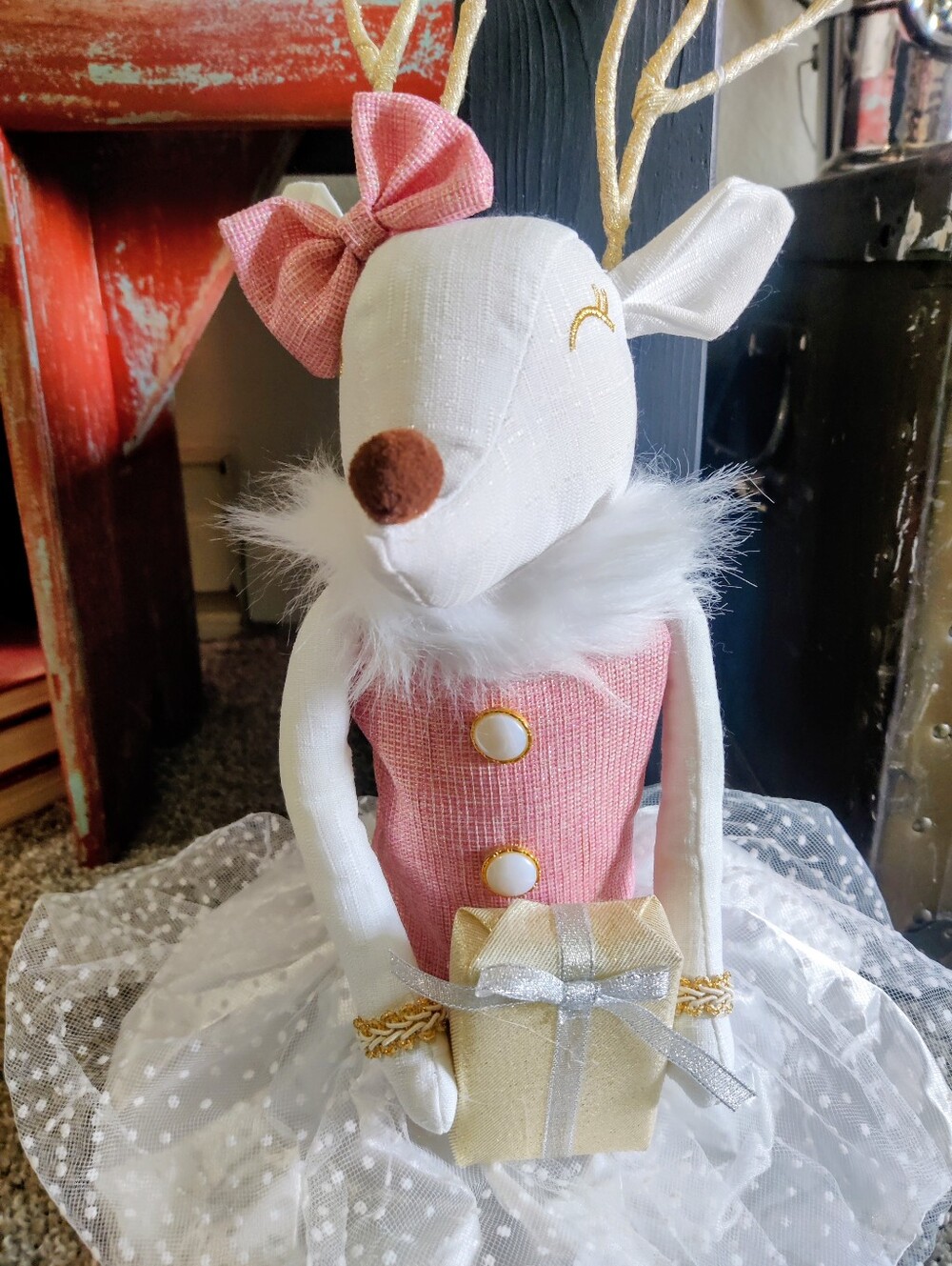 Holiday Pink and White Plush Reindeer With Tutu - Picture 3 of 5